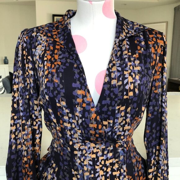 Reiss Esmerelda-Coco Moon Print Deep V Nk Mini Dress Navy Burnt Org Tan Sz 6 NWT - Picture 3 of 16